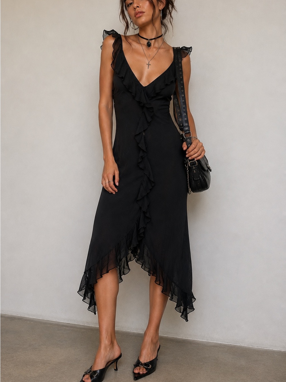 Zara Silk Black Ruffle Asymmetrical Y2K Midi Dress Witchy Whimsical Feminine
